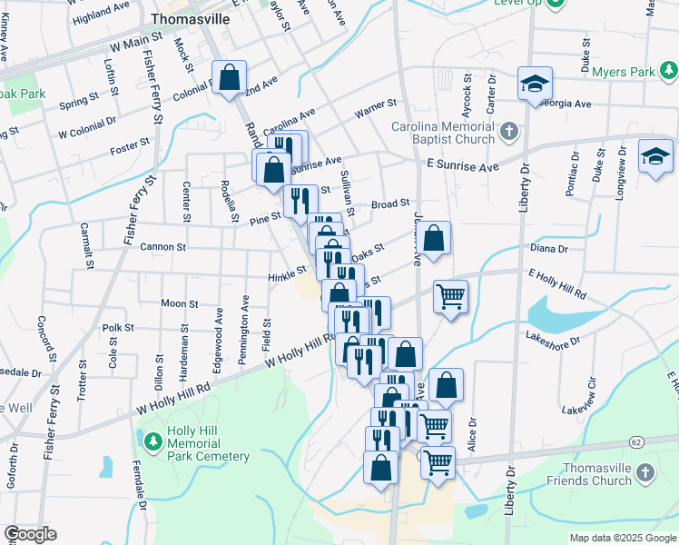 map of restaurants, bars, coffee shops, grocery stores, and more near 99 Royal Oaks Street in Thomasville