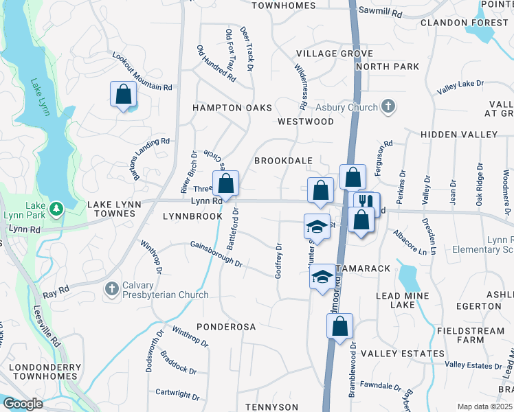 map of restaurants, bars, coffee shops, grocery stores, and more near 2605 Lynn Road in Raleigh