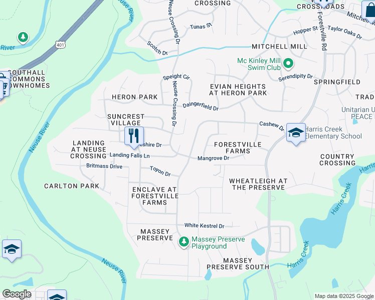 map of restaurants, bars, coffee shops, grocery stores, and more near 3905 Cashew Drive in Raleigh