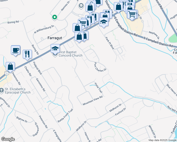 map of restaurants, bars, coffee shops, grocery stores, and more near 323 Shadowfax Road in Knoxville