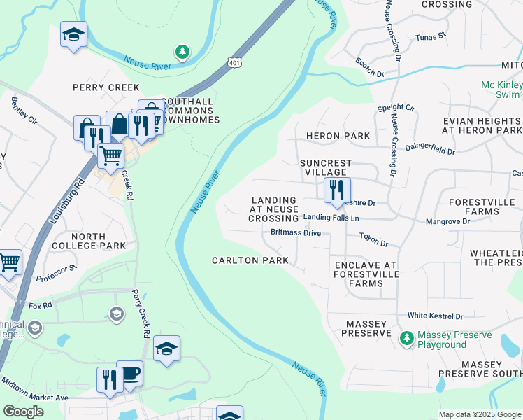 map of restaurants, bars, coffee shops, grocery stores, and more near 2961 Landing Falls Lane in Raleigh