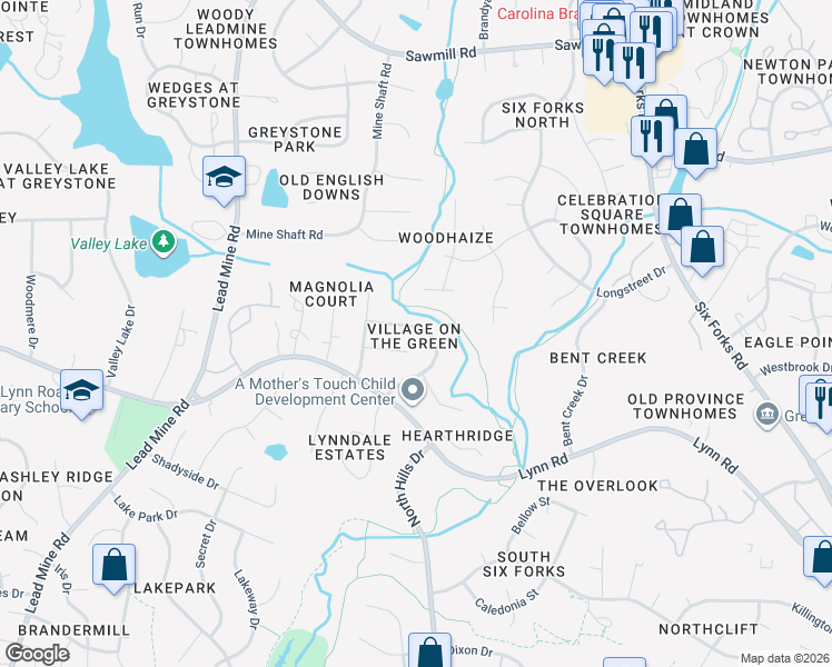 map of restaurants, bars, coffee shops, grocery stores, and more near 7231 Shellburne Drive in Raleigh