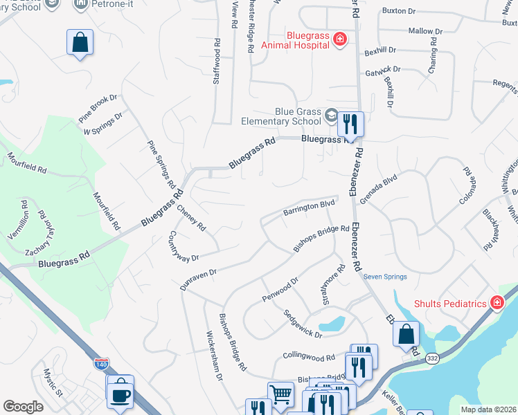map of restaurants, bars, coffee shops, grocery stores, and more near 9335 Barrington Boulevard in Knoxville