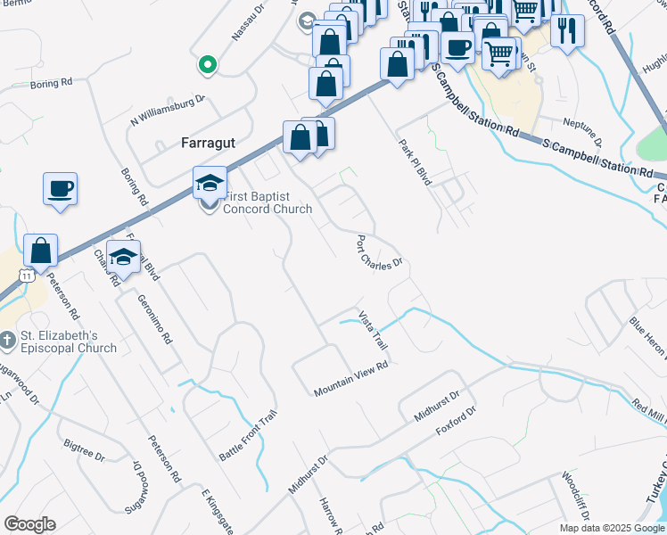 map of restaurants, bars, coffee shops, grocery stores, and more near 323 Shadowfax Road in Knoxville