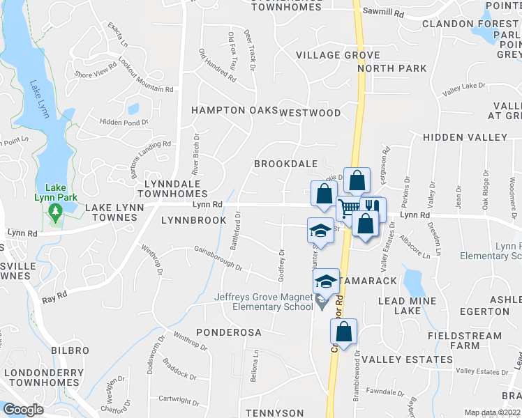 map of restaurants, bars, coffee shops, grocery stores, and more near 2605 Lynn Road in Raleigh