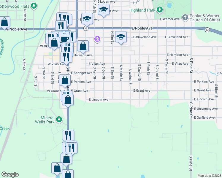 map of restaurants, bars, coffee shops, grocery stores, and more near 523 East Grant Avenue in Guthrie