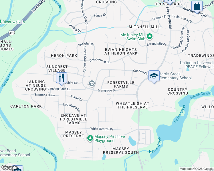 map of restaurants, bars, coffee shops, grocery stores, and more near 4108 Breadfruit Court in Raleigh