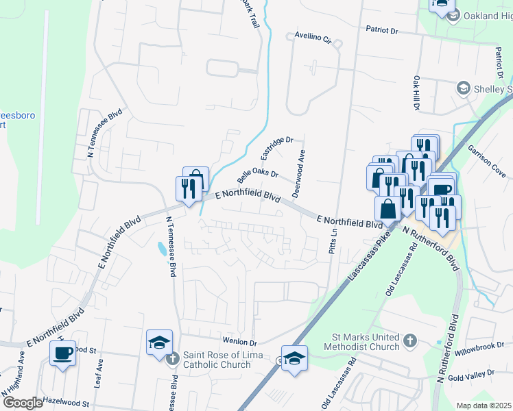 map of restaurants, bars, coffee shops, grocery stores, and more near 1470 Rochester Drive in Murfreesboro