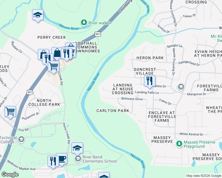 map of restaurants, bars, coffee shops, grocery stores, and more near 2956 Landing Falls Lane in Raleigh