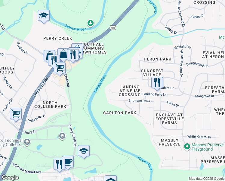 map of restaurants, bars, coffee shops, grocery stores, and more near 2921 Landing Falls Lane in Raleigh