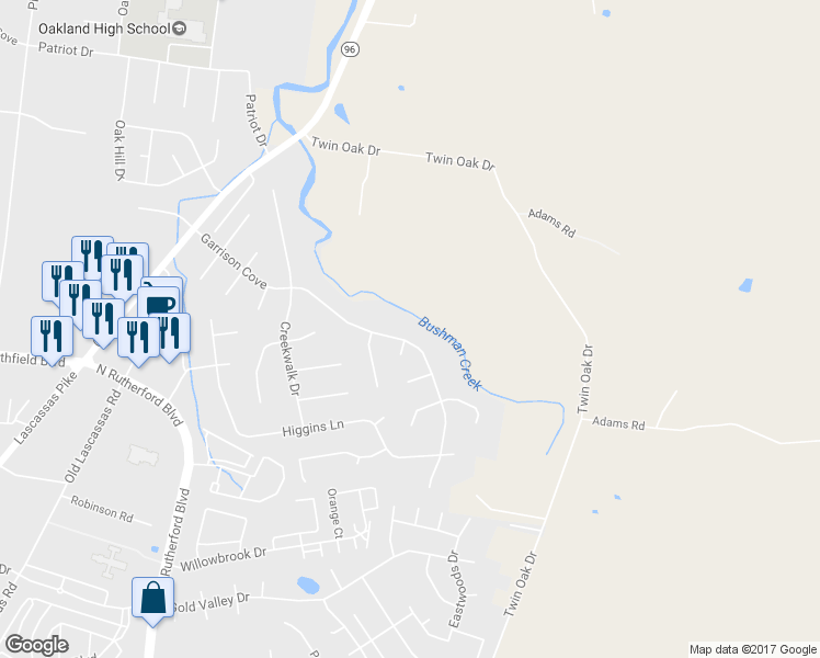map of restaurants, bars, coffee shops, grocery stores, and more near 2351 Garrison Cove in Murfreesboro