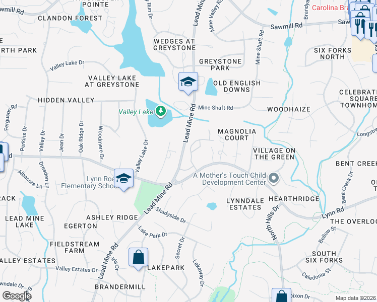 map of restaurants, bars, coffee shops, grocery stores, and more near 6714 Middleboro Drive in Raleigh