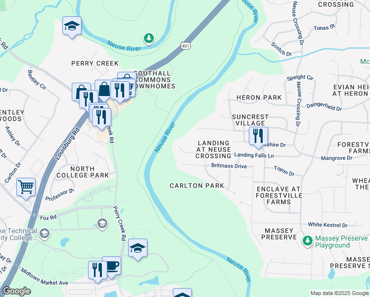 map of restaurants, bars, coffee shops, grocery stores, and more near 2921 Landing Falls Lane in Raleigh