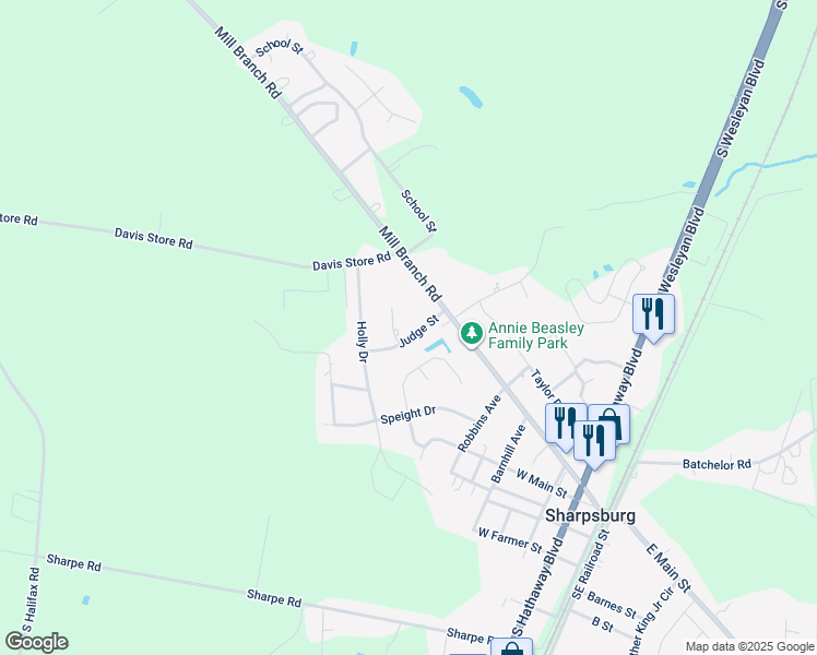 map of restaurants, bars, coffee shops, grocery stores, and more near 608 Judge Street in Rocky Mount