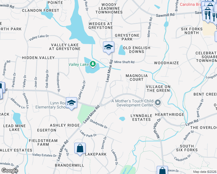 map of restaurants, bars, coffee shops, grocery stores, and more near 6714 Middleboro Drive in Raleigh