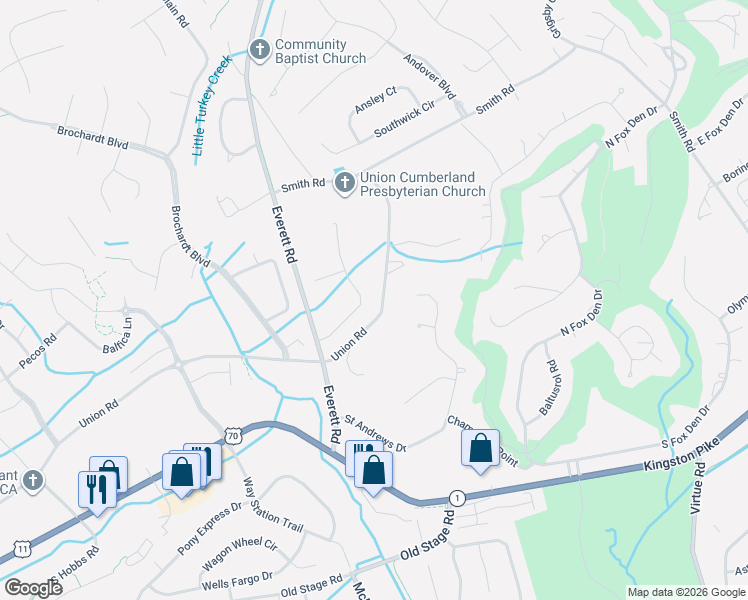 map of restaurants, bars, coffee shops, grocery stores, and more near 12525 Camdenbridge Drive in Knoxville