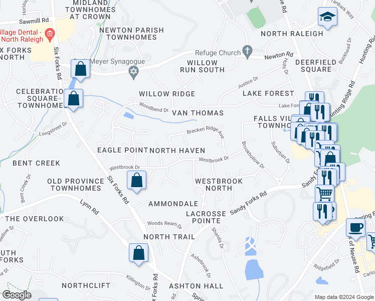 map of restaurants, bars, coffee shops, grocery stores, and more near 6701 Millbridge Court in Raleigh