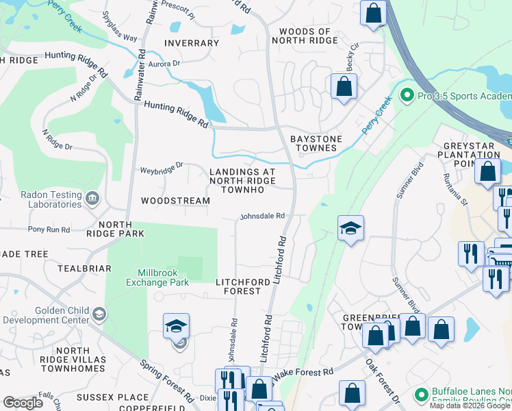 map of restaurants, bars, coffee shops, grocery stores, and more near 6729 Johnsdale Road in Raleigh