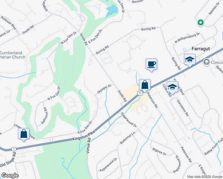 map of restaurants, bars, coffee shops, grocery stores, and more near 12004 Olympic Drive in Knoxville