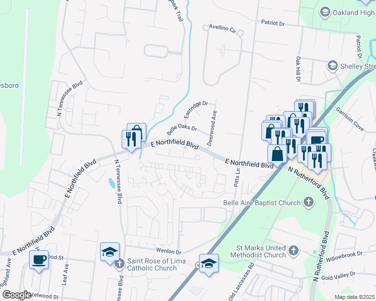 map of restaurants, bars, coffee shops, grocery stores, and more near 1470 Rochester Drive in Murfreesboro