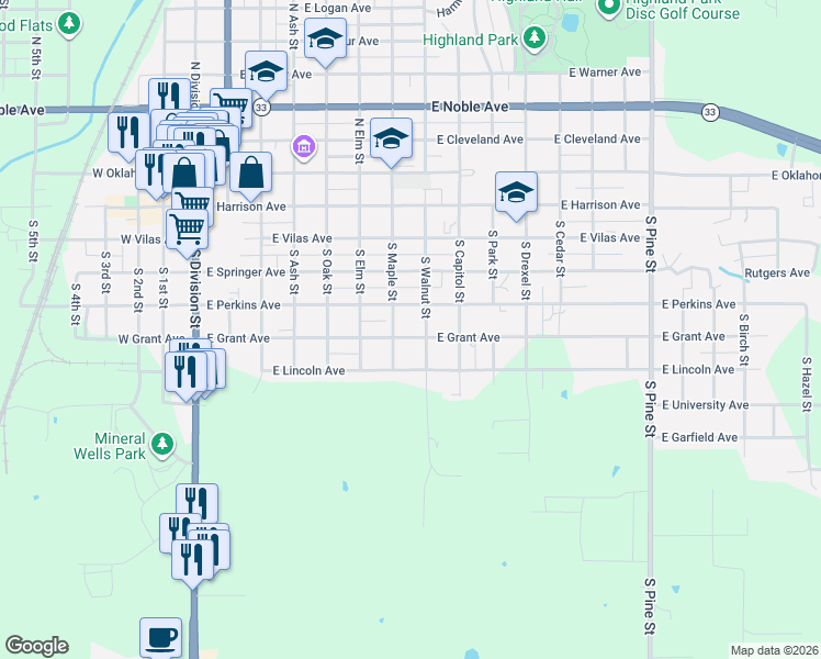 map of restaurants, bars, coffee shops, grocery stores, and more near 720 East Grant Avenue in Guthrie