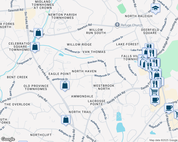 map of restaurants, bars, coffee shops, grocery stores, and more near 6701 Millbridge Court in Raleigh