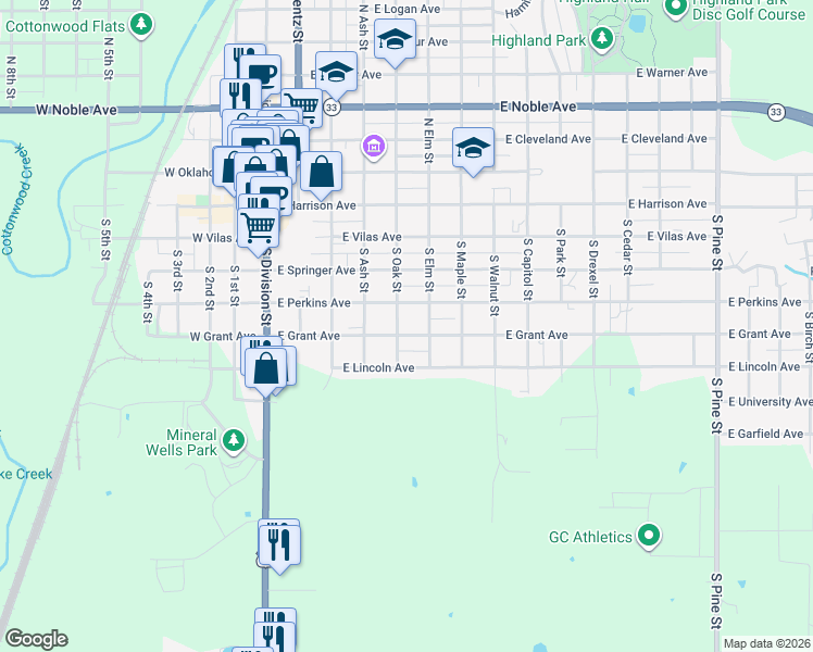 map of restaurants, bars, coffee shops, grocery stores, and more near 423 East Grant Avenue in Guthrie