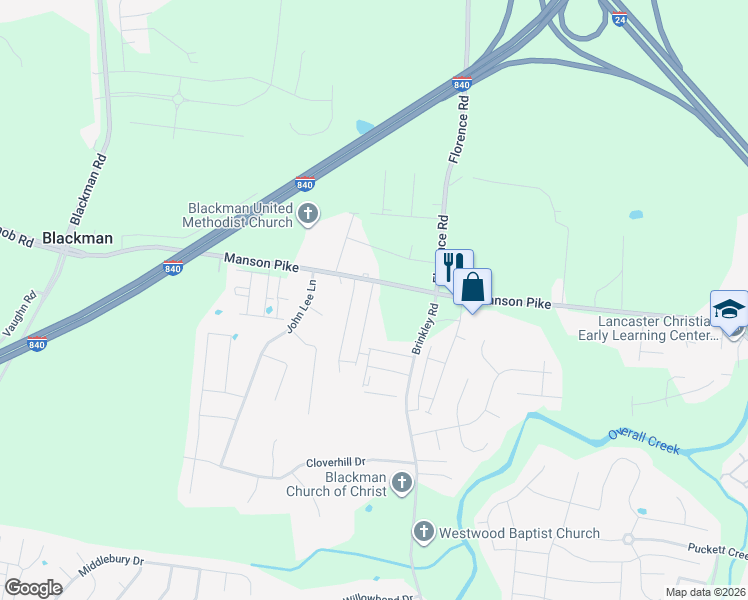 map of restaurants, bars, coffee shops, grocery stores, and more near 1752 Frodo Way in Murfreesboro