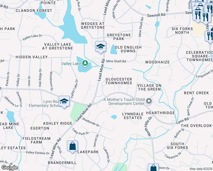 map of restaurants, bars, coffee shops, grocery stores, and more near 6714 Middleboro Drive in Raleigh