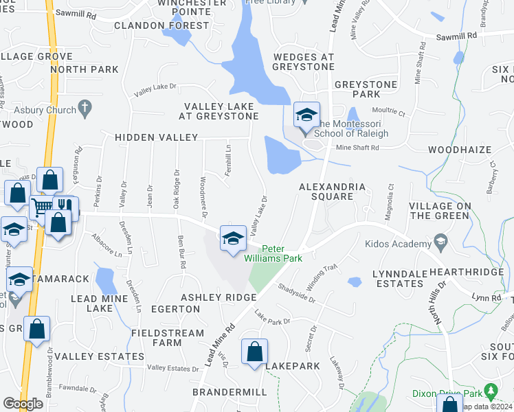 map of restaurants, bars, coffee shops, grocery stores, and more near 6801 Valley Lake Drive in Raleigh
