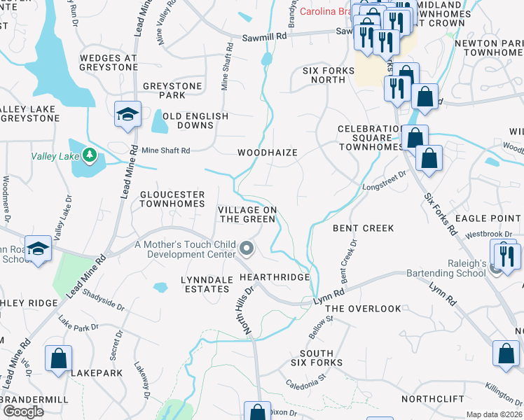 map of restaurants, bars, coffee shops, grocery stores, and more near 7260 Shellburne Drive in Raleigh