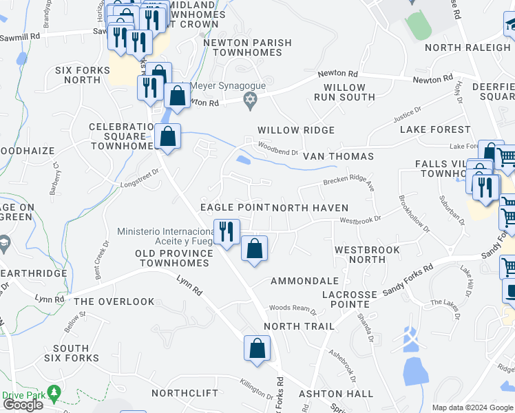 map of restaurants, bars, coffee shops, grocery stores, and more near 6722 Miles Drive in Raleigh