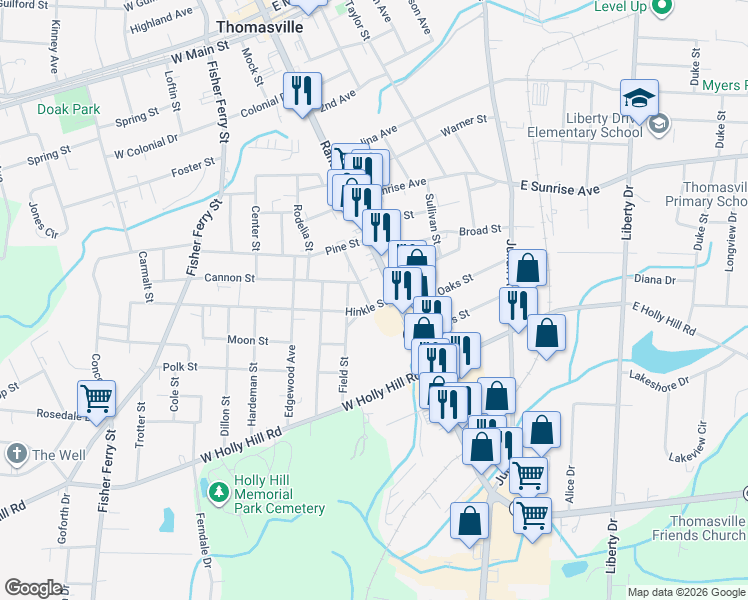 map of restaurants, bars, coffee shops, grocery stores, and more near 9 Hinkle Street in Thomasville