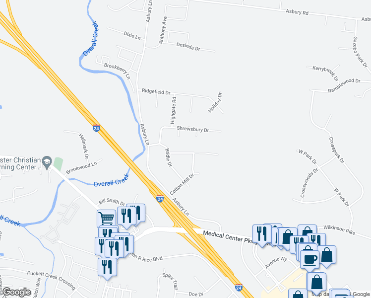 map of restaurants, bars, coffee shops, grocery stores, and more near 2762 Brookrun Road in Murfreesboro