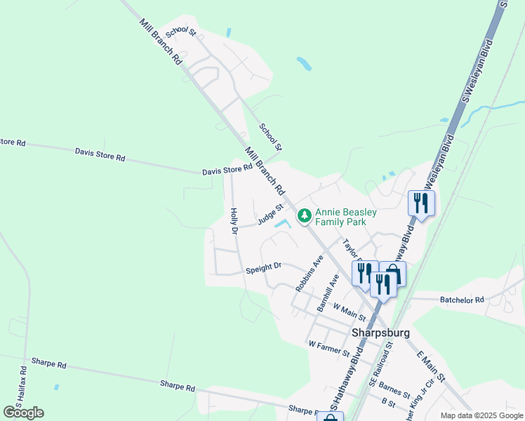 map of restaurants, bars, coffee shops, grocery stores, and more near 608 Judge Street in Rocky Mount