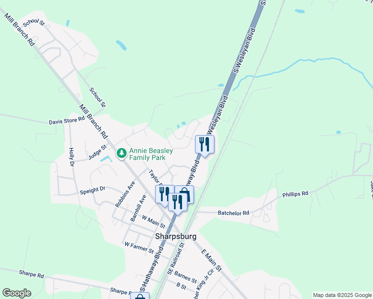 map of restaurants, bars, coffee shops, grocery stores, and more near Hilltop Drive in Rocky Mount