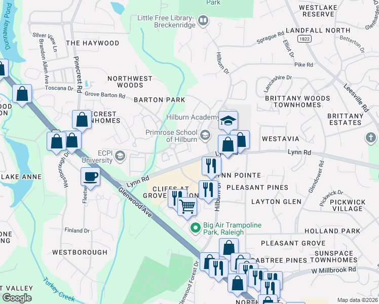 map of restaurants, bars, coffee shops, grocery stores, and more near 3811 Lunceston Way in Raleigh