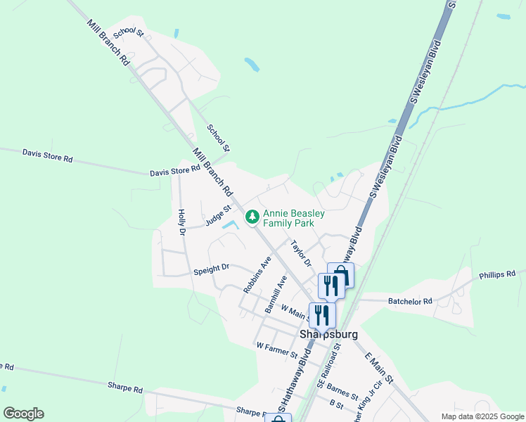 map of restaurants, bars, coffee shops, grocery stores, and more near 105 Sandy Hill Court in Rocky Mount