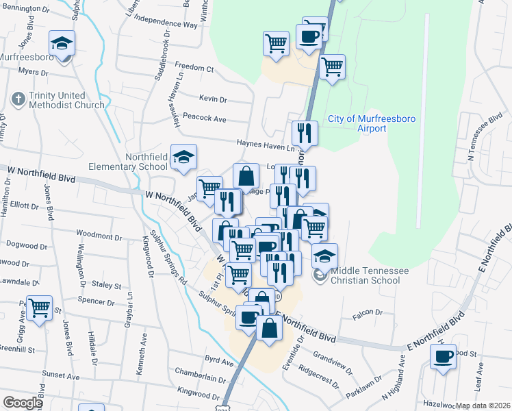 map of restaurants, bars, coffee shops, grocery stores, and more near 1832 Ward Drive in Murfreesboro