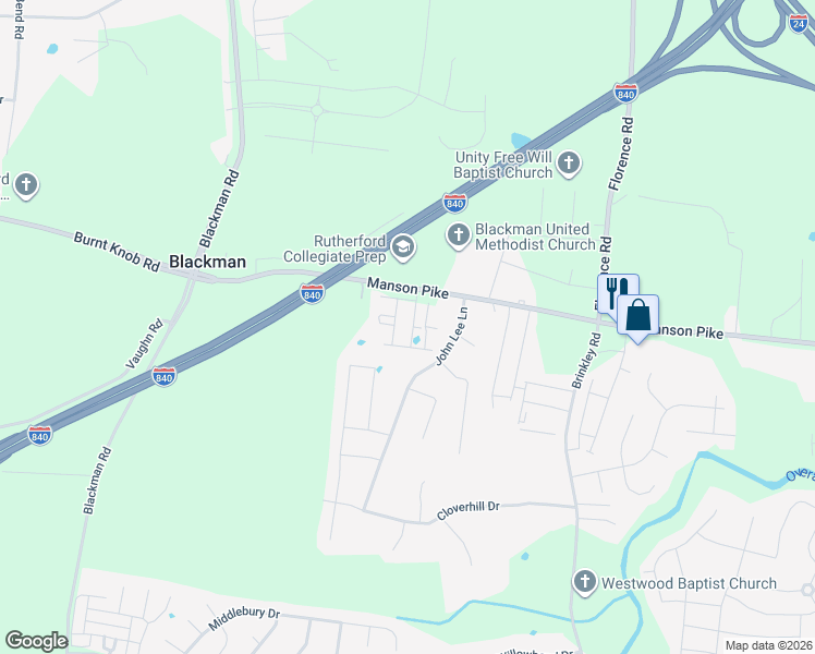 map of restaurants, bars, coffee shops, grocery stores, and more near 4423 Chusto Drive in Murfreesboro