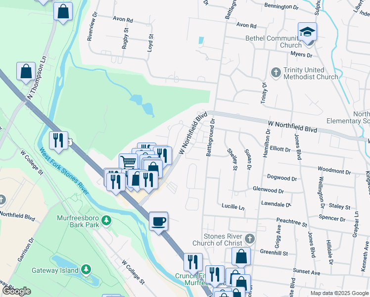 map of restaurants, bars, coffee shops, grocery stores, and more near 1745 North Cove in Murfreesboro