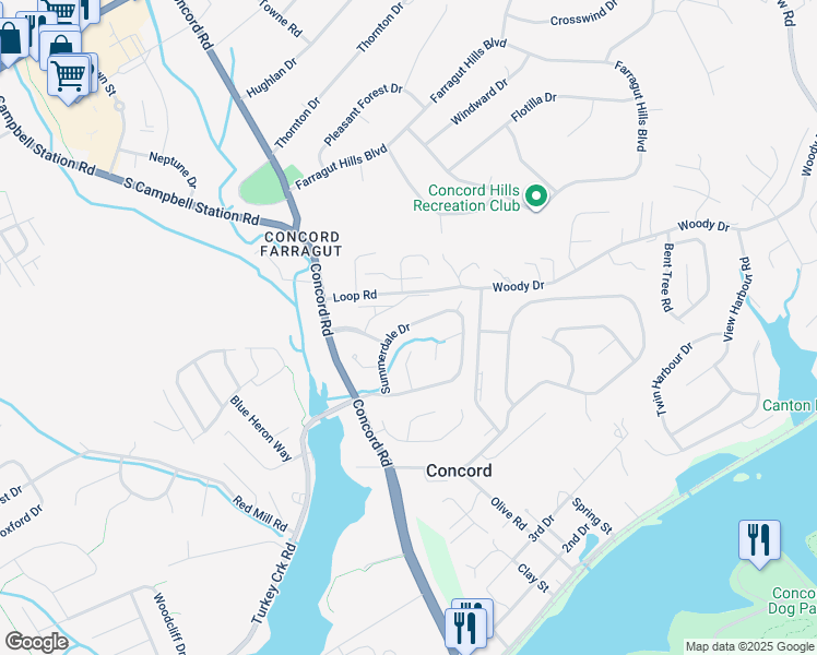 map of restaurants, bars, coffee shops, grocery stores, and more near 613 Summerdale Drive in Knoxville