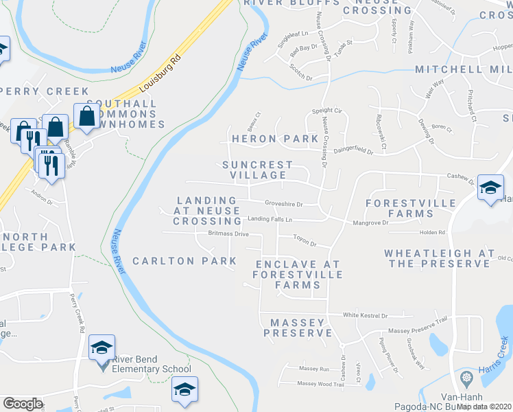 map of restaurants, bars, coffee shops, grocery stores, and more near 3142 Groveshire Drive in Raleigh