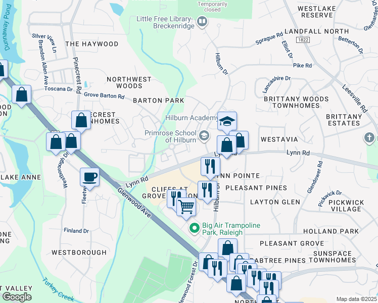 map of restaurants, bars, coffee shops, grocery stores, and more near 3801 Doie Cope Road in Raleigh