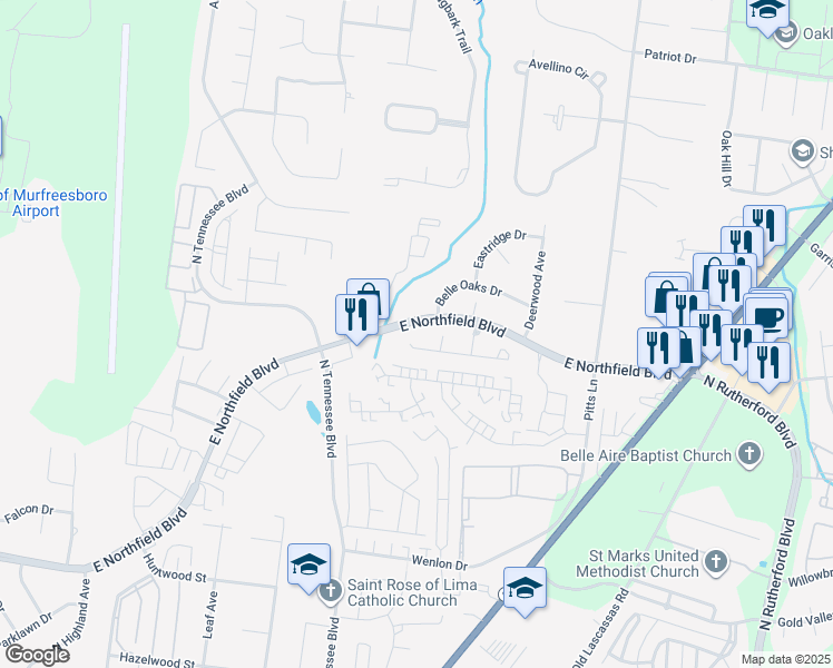 map of restaurants, bars, coffee shops, grocery stores, and more near 1429 Rochester Drive in Murfreesboro