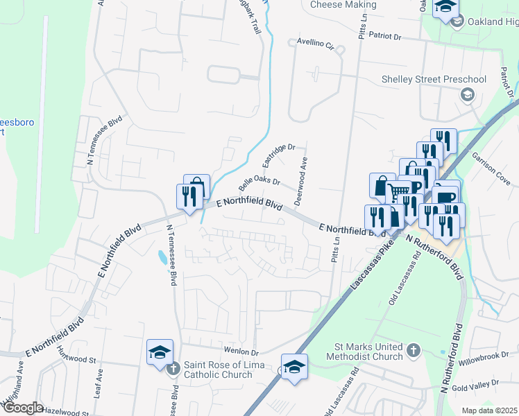 map of restaurants, bars, coffee shops, grocery stores, and more near 1935 Edinburgh Lane in Murfreesboro