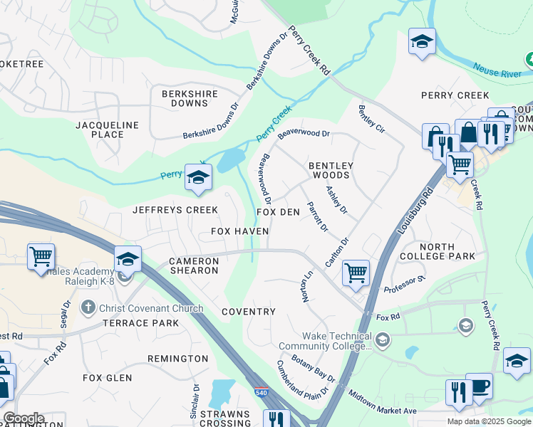 map of restaurants, bars, coffee shops, grocery stores, and more near 6939 Beaverwood Drive in Raleigh