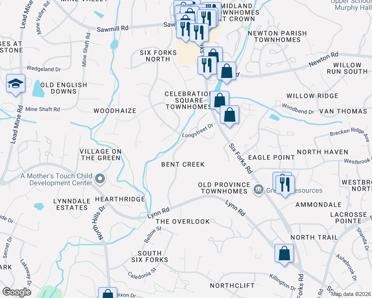 map of restaurants, bars, coffee shops, grocery stores, and more near 7601 Stuart Drive in Raleigh