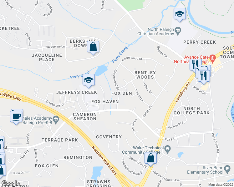 map of restaurants, bars, coffee shops, grocery stores, and more near 6939 Beaverwood Drive in Raleigh
