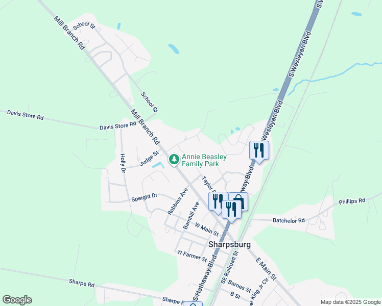 map of restaurants, bars, coffee shops, grocery stores, and more near 108 Sandy Hill Court in Rocky Mount